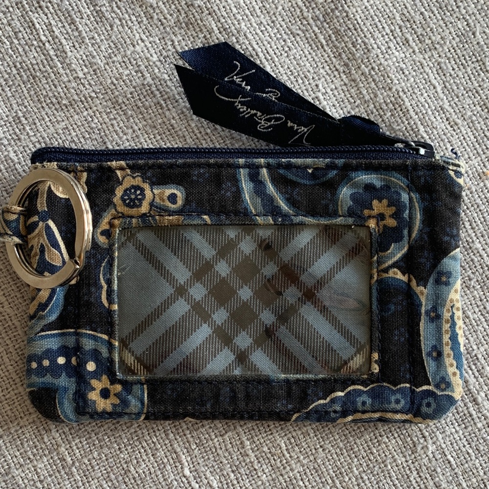 VERA BRADLEY Preppy Blue and Gold Keyring ID Wallet Card Holder Zipper Pouch EUC